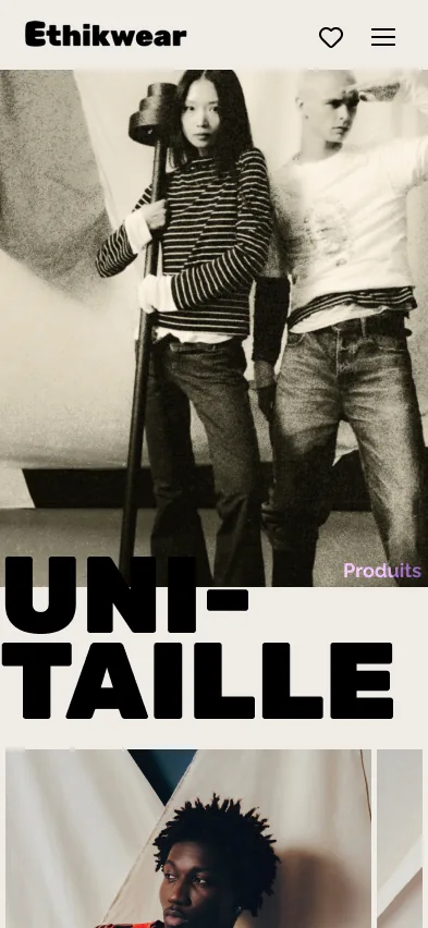 Prototype de la page d'accueil d'Ethikwear sur mobile.