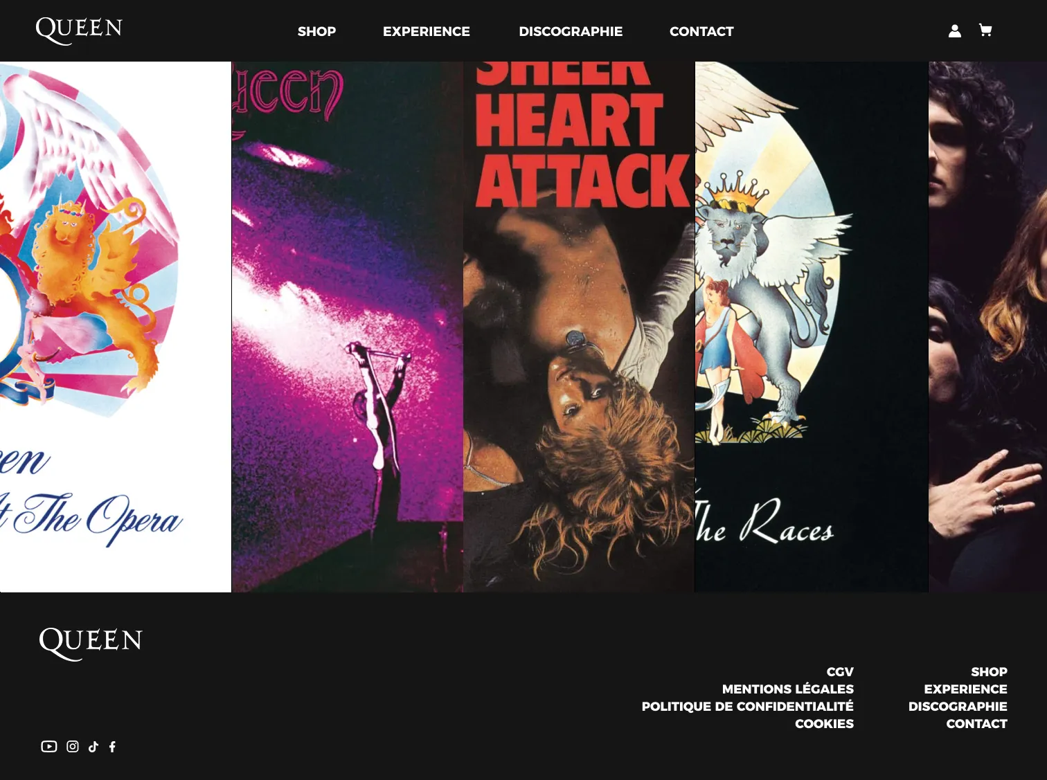 Maquette de la discographie du site Queen, pochettes d'albums en bandes verticales.