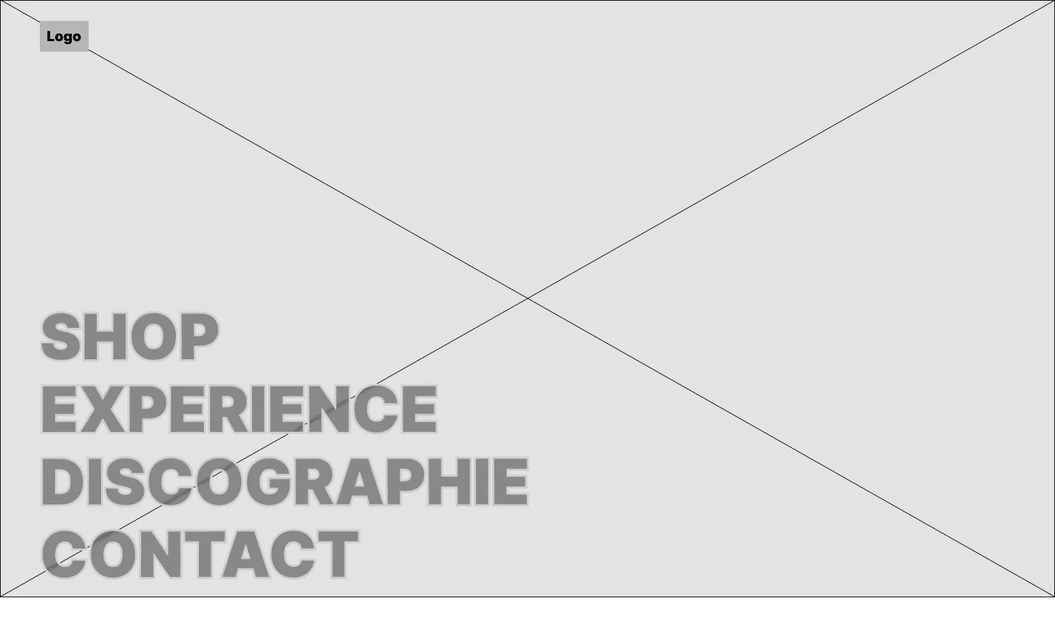 Wireframe de l'accueil du site Queen : une grande image barrée d'une croix et le menu en grosses lettres.