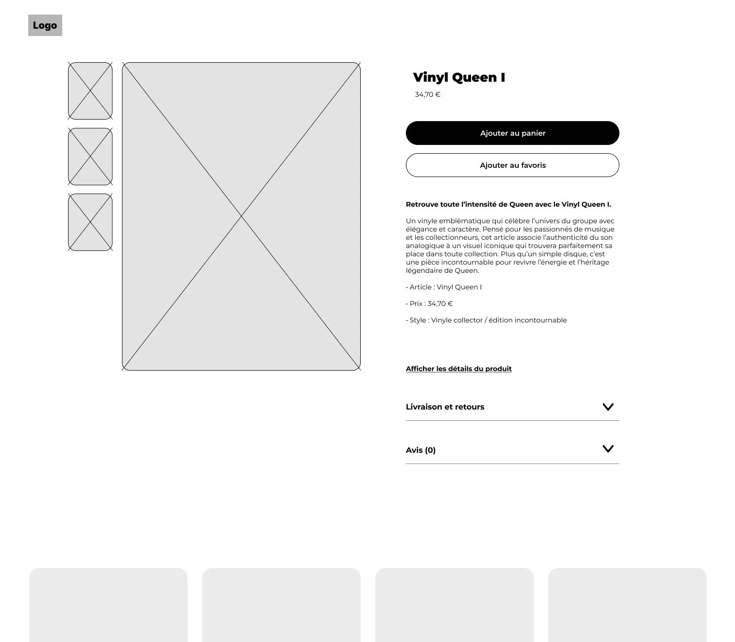 Wireframe de la fiche produit du site Queen.