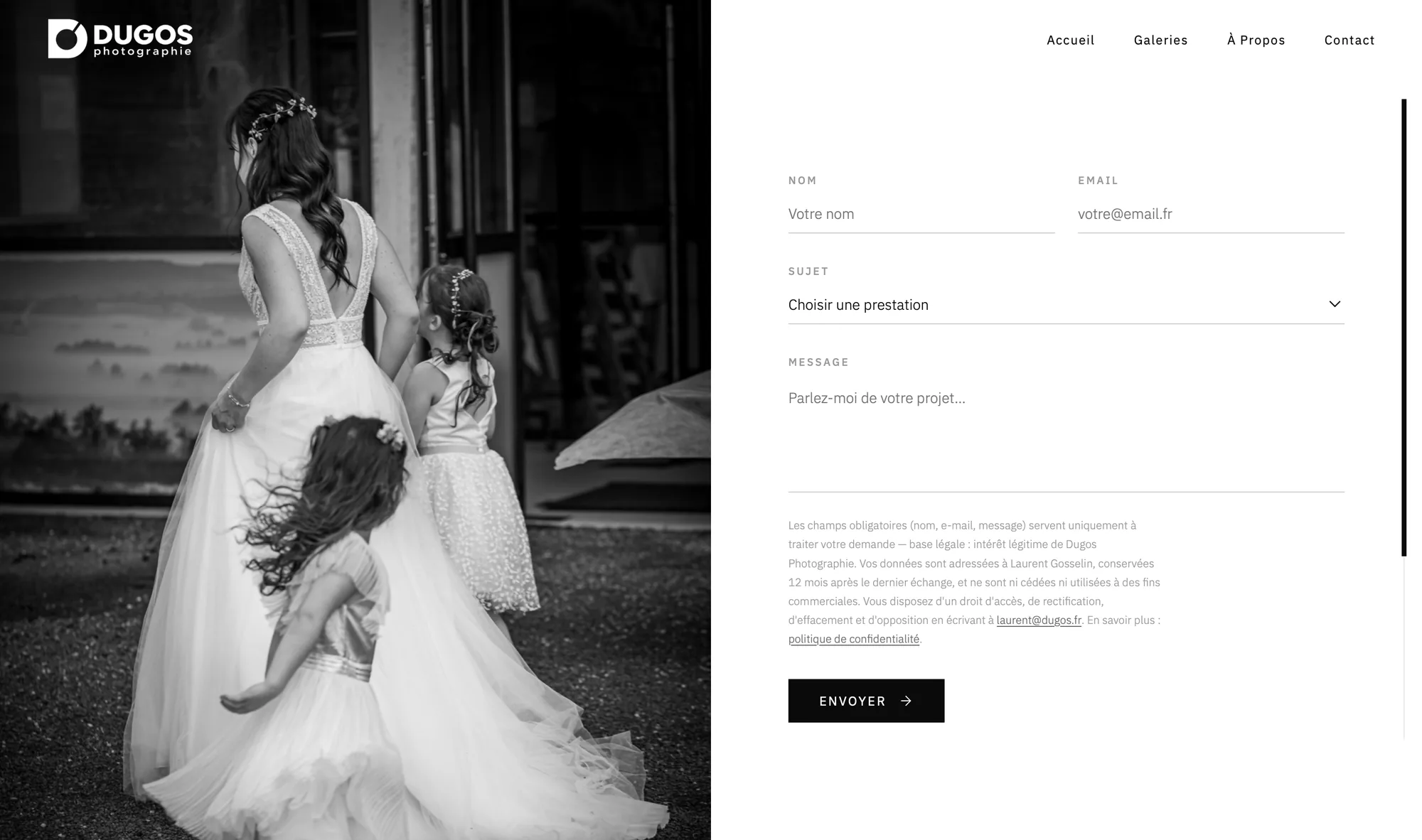 Page Contact : une mariée avec deux enfants en noir et blanc, et le formulaire nom, email, sujet, message.
