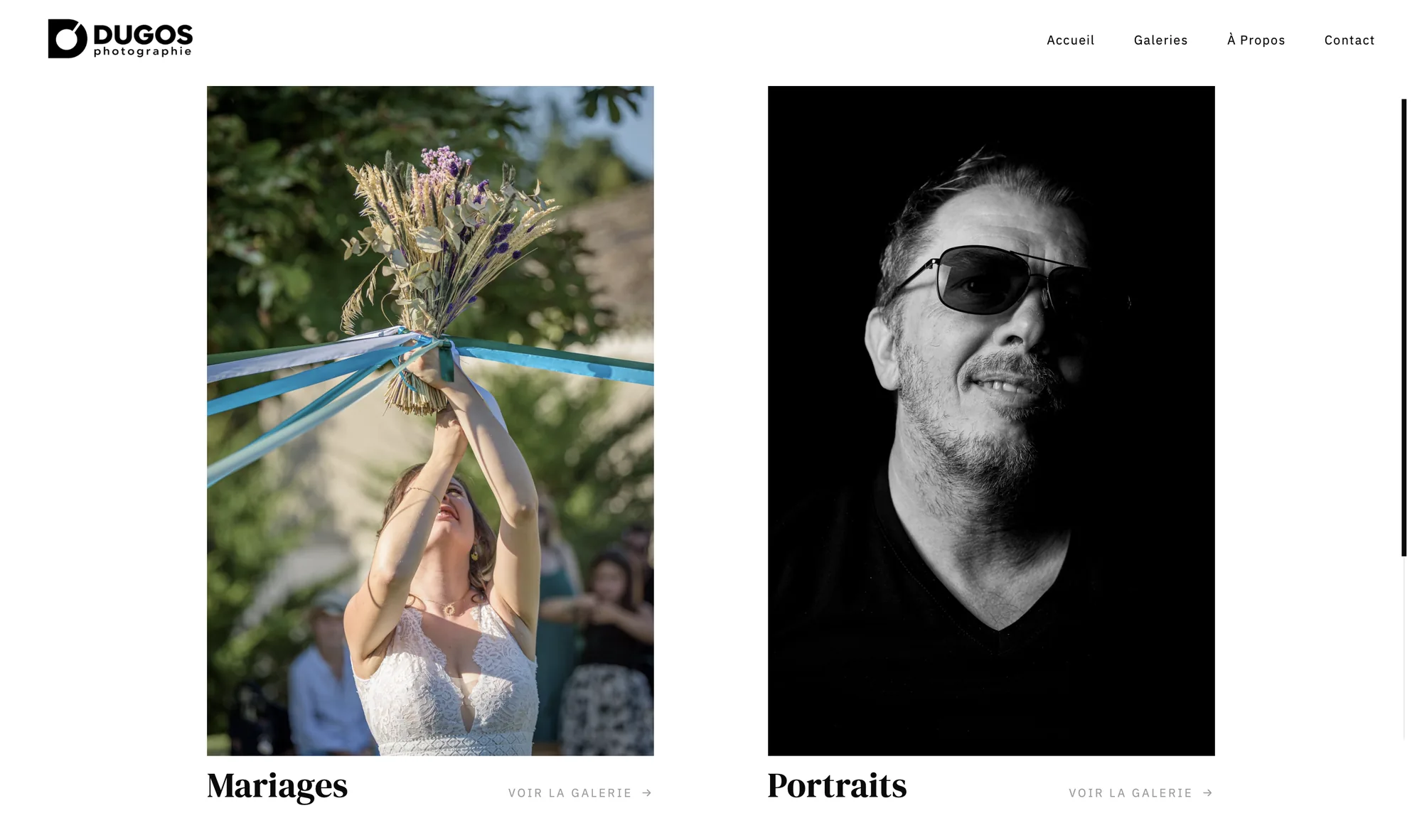 Deux grandes photos côte à côte : une mariée qui lance son bouquet et un portrait d'homme en noir et blanc.