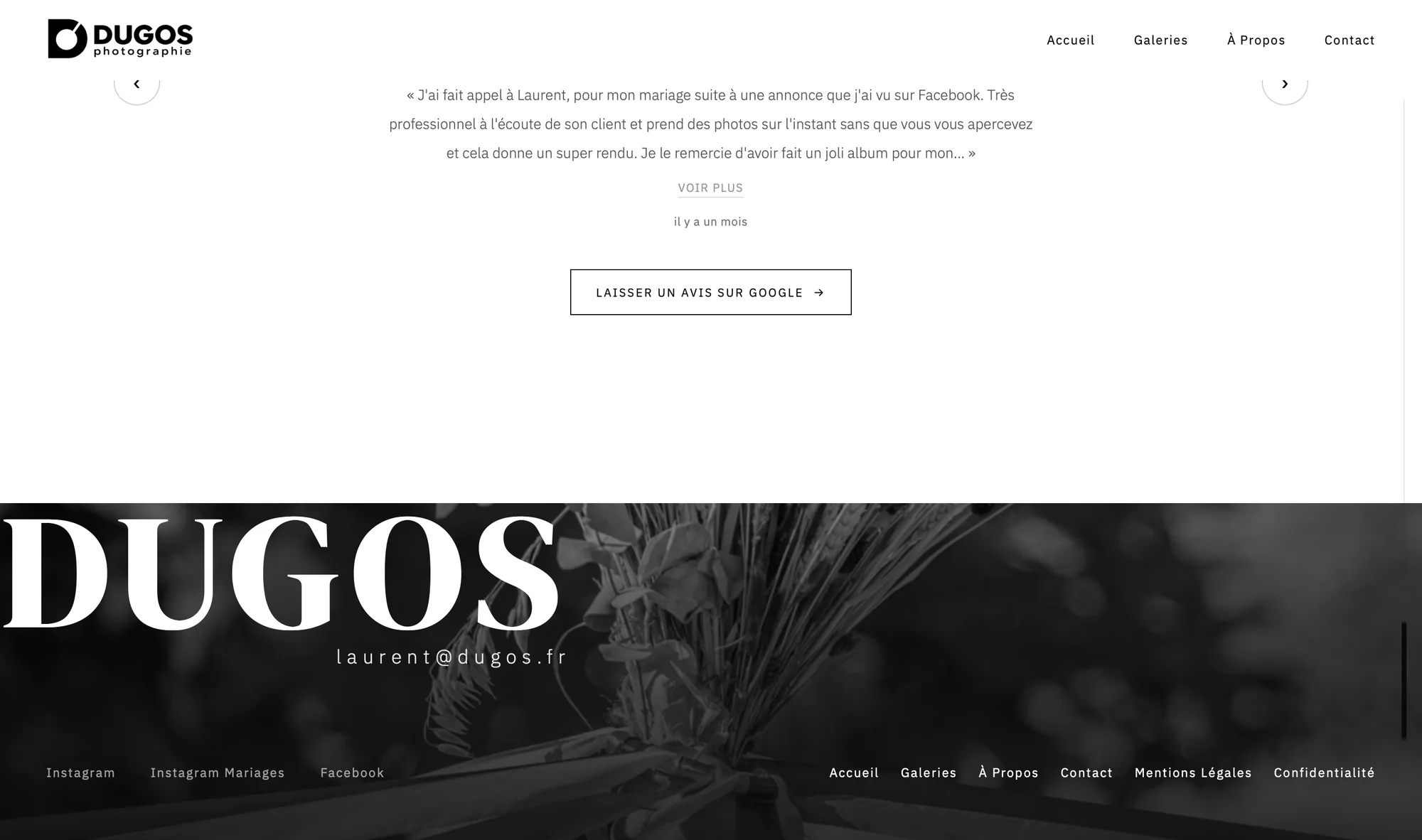 Pied de page sombre : DUGOS en très grand, l'adresse email et les réseaux, sur une photo de bouquet.