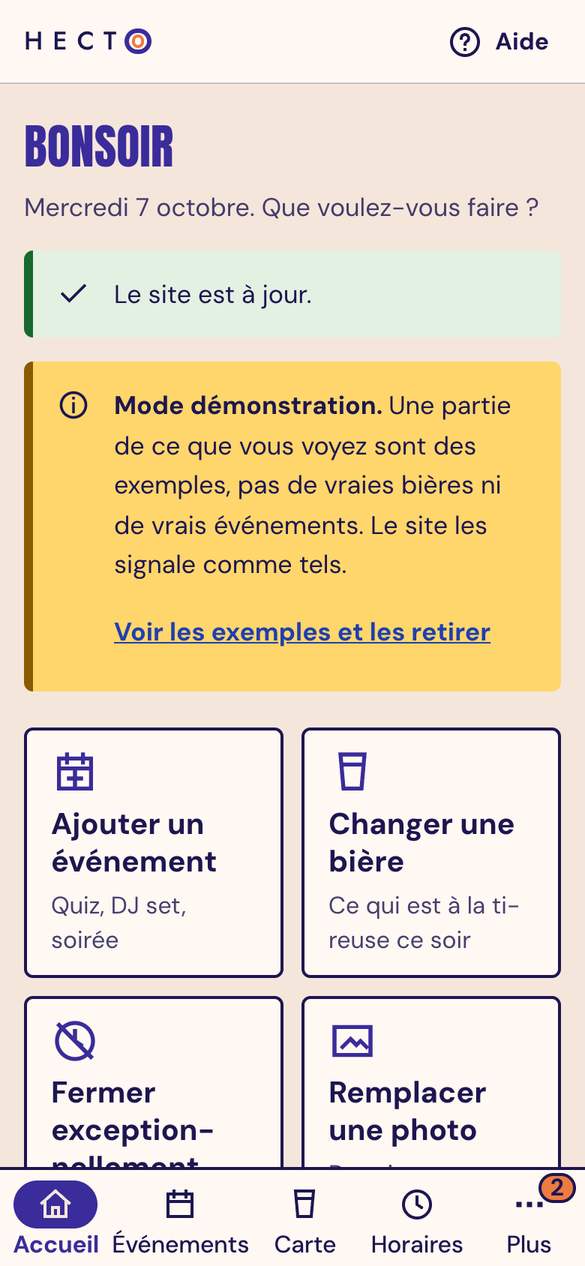 L'accueil de l'espace de gestion de Hecto sur téléphone : quatre grosses actions (ajouter un événement, changer une bière, fermer exceptionnellement, remplacer une photo), la rubrique En ce moment sur le site et la liste À faire.