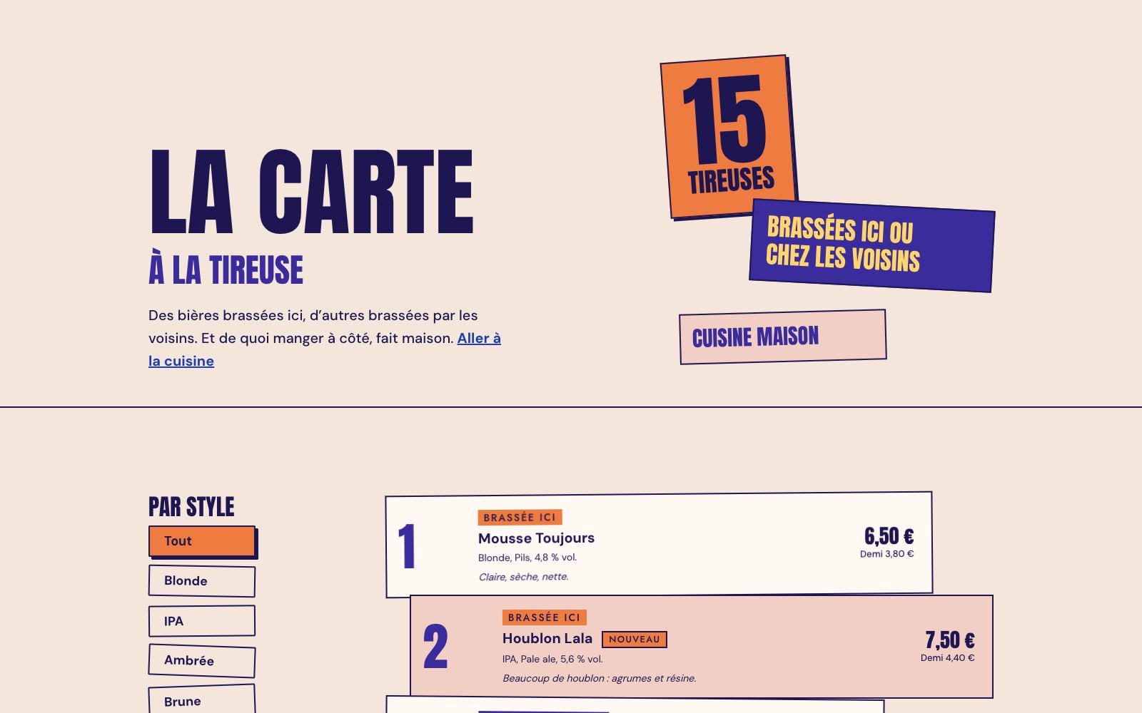 La page Carte du site de Hecto sur ordinateur : le titre La carte à la tireuse, trois étiquettes inclinées, dont 15 tireuses, et le début de la liste des bières avec leurs prix.