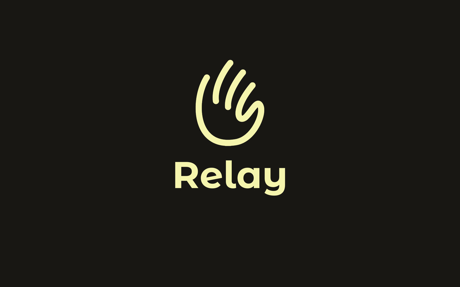 Le logo de Relay, une main ouverte dessinée d'un seul trait crème, avec le nom Relay dessous, sur fond noir carbone.